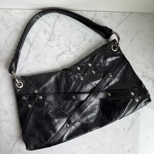Black Genuine Leather Shoulder Bag – Studded Rocker Y2K Purse